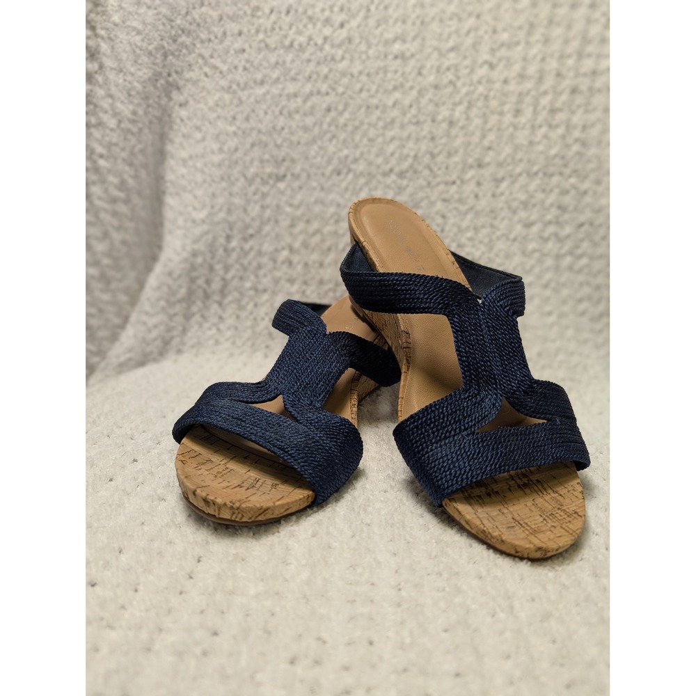 41 Hawthorn Navy Blue Woven T-Strap Cork Wedge Sandals Womens Size 9 Slip On